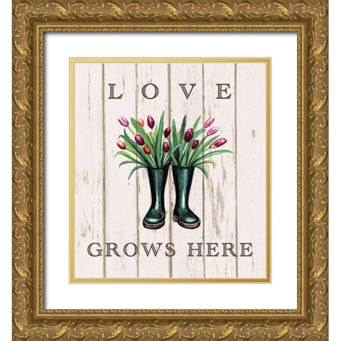 Love Grows Here Gold Ornate Wood Framed Art Print with Double Matting by Tyndall, Elizabeth