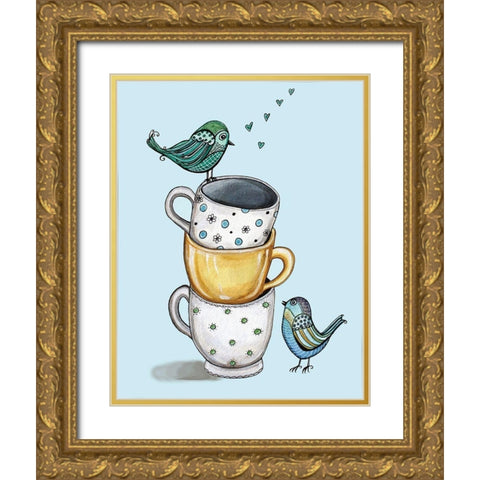 Birds and Teacups Gold Ornate Wood Framed Art Print with Double Matting by Tyndall, Elizabeth