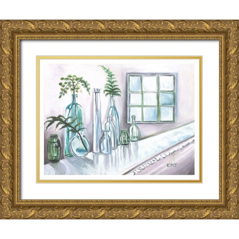 Glass Ferns and Window Gold Ornate Wood Framed Art Print with Double Matting by Tyndall, Elizabeth