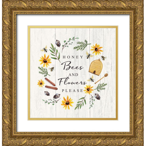 Honey Bees and Flowers Please Gold Ornate Wood Framed Art Print with Double Matting by Tyndall, Elizabeth