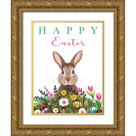 Happy Easter Bunny Gold Ornate Wood Framed Art Print with Double Matting by Tyndall, Elizabeth