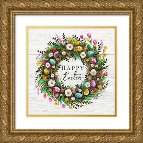 Happy Easter Wreath Gold Ornate Wood Framed Art Print with Double Matting by Tyndall, Elizabeth