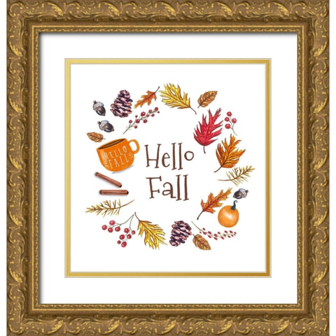 Hello Fall Wreath Gold Ornate Wood Framed Art Print with Double Matting by Tyndall, Elizabeth