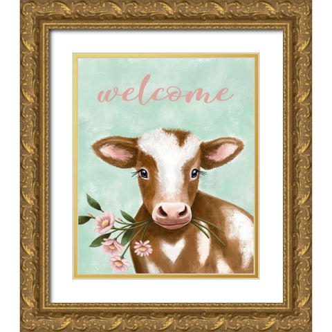 Welcome Cow Gold Ornate Wood Framed Art Print with Double Matting by Tyndall, Elizabeth
