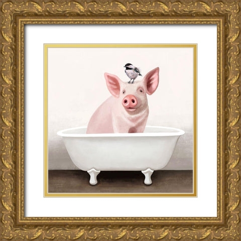 Pig in Bathtub Gold Ornate Wood Framed Art Print with Double Matting by Tyndall, Elizabeth