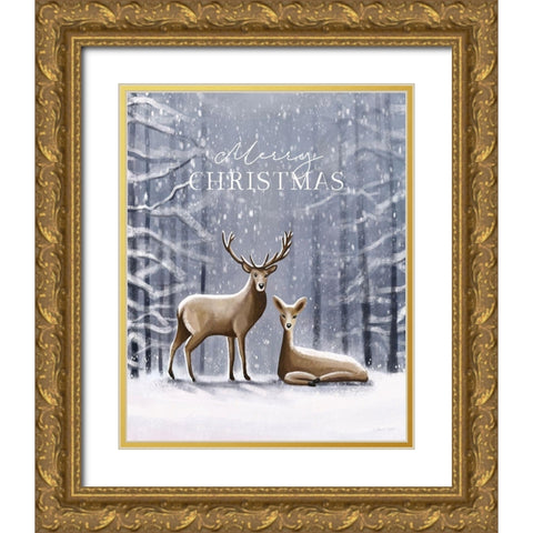 Merry Christmas Deer Gold Ornate Wood Framed Art Print with Double Matting by Tyndall, Elizabeth
