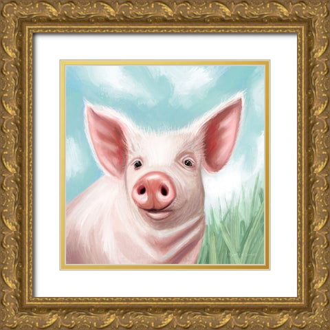 Farmhouse Pig Gold Ornate Wood Framed Art Print with Double Matting by Tyndall, Elizabeth