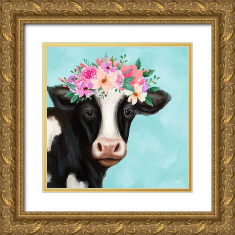 Blue Cow II Gold Ornate Wood Framed Art Print with Double Matting by Tyndall, Elizabeth