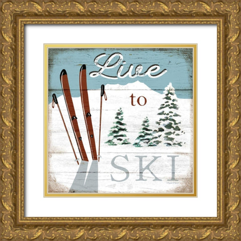 Live to Ski Gold Ornate Wood Framed Art Print with Double Matting by Tyndall, Elizabeth