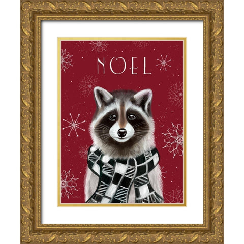 Noel Raccoon Gold Ornate Wood Framed Art Print with Double Matting by Tyndall, Elizabeth