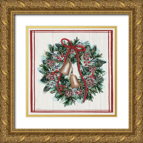 Jingle Bell Wreath Gold Ornate Wood Framed Art Print with Double Matting by Tyndall, Elizabeth