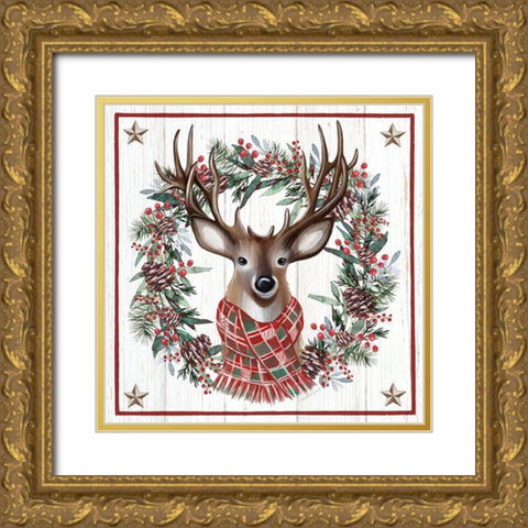 Christmas Deer Gold Ornate Wood Framed Art Print with Double Matting by Tyndall, Elizabeth