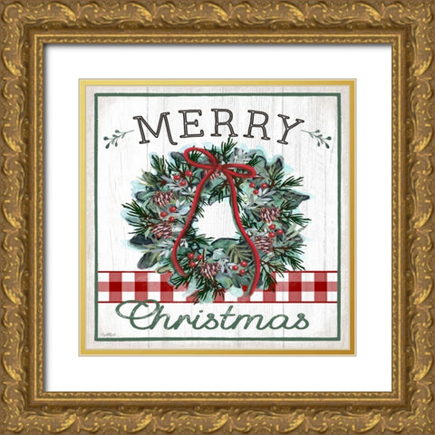 Merry Christmas Wreath Gold Ornate Wood Framed Art Print with Double Matting by Tyndall, Elizabeth