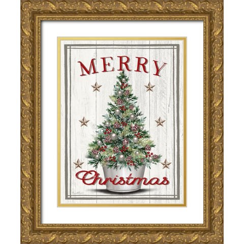 Merry Christmas Tree Gold Ornate Wood Framed Art Print with Double Matting by Tyndall, Elizabeth