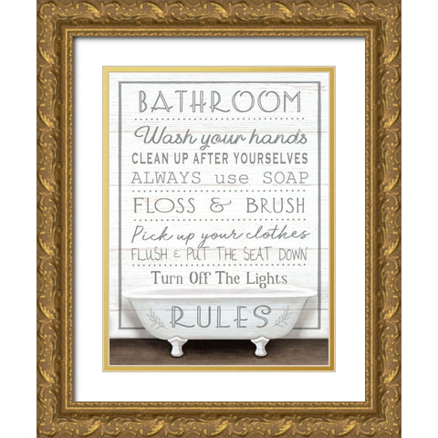 Bathroom Rules Gold Ornate Wood Framed Art Print with Double Matting by Tyndall, Elizabeth