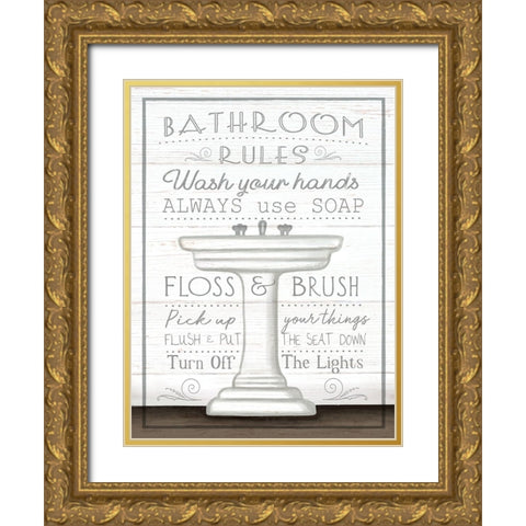 Bathroom Rules Gold Ornate Wood Framed Art Print with Double Matting by Tyndall, Elizabeth