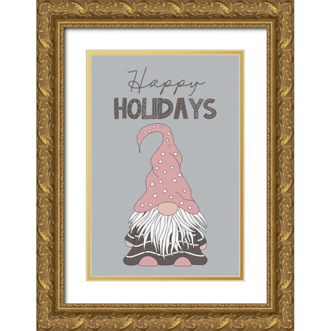 Happy Holidays Gnome Gold Ornate Wood Framed Art Print with Double Matting by JJ Design House