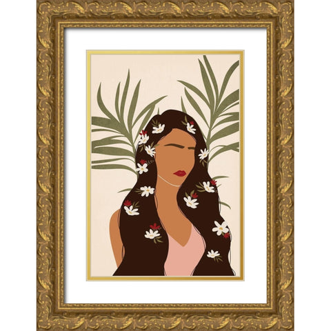 Flowers in Hair Gold Ornate Wood Framed Art Print with Double Matting by JJ Design House