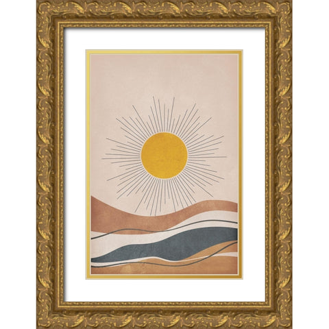 Sun and Mountains Gold Ornate Wood Framed Art Print with Double Matting by JJ Design
