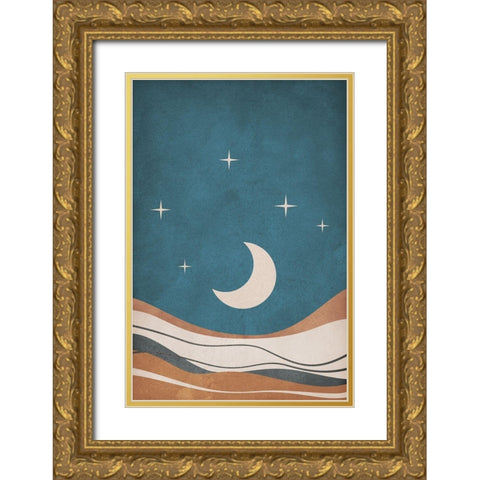 Moon and Mountains Gold Ornate Wood Framed Art Print with Double Matting by JJ Design