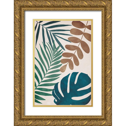 Tropical Leaves Gold Ornate Wood Framed Art Print with Double Matting by JJ Design