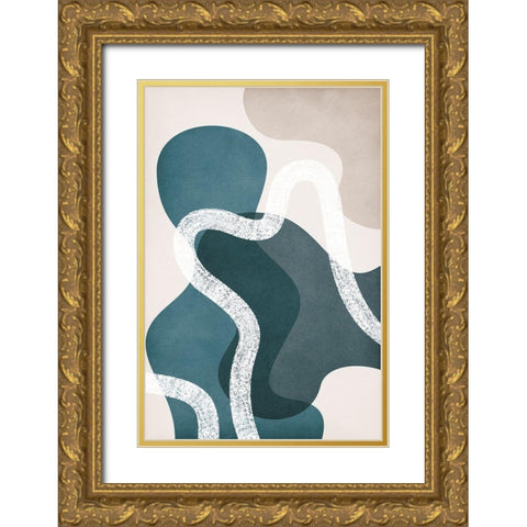 Boho in Blue Gold Ornate Wood Framed Art Print with Double Matting by JJ Design