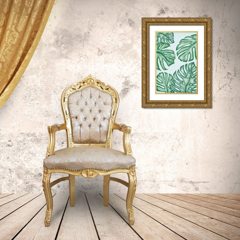Monstera Leaves Gold Ornate Wood Framed Art Print with Double Matting by JJ Design