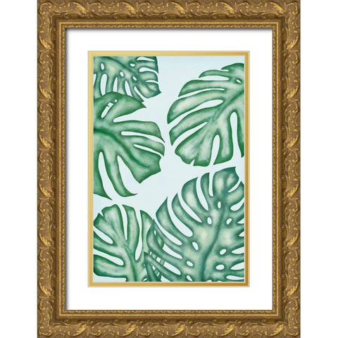 Monstera Leaves Gold Ornate Wood Framed Art Print with Double Matting by JJ Design