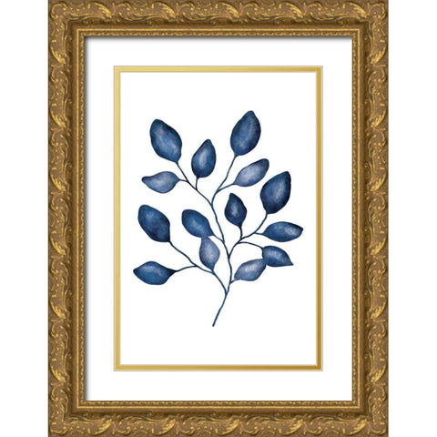 Blue Leaves V Gold Ornate Wood Framed Art Print with Double Matting by JJ Design