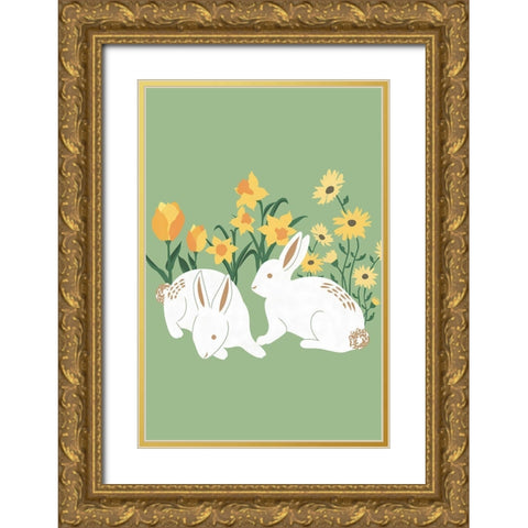 Bunnies Gold Ornate Wood Framed Art Print with Double Matting by JJ Design