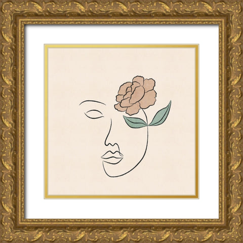 Flowery Facial Gold Ornate Wood Framed Art Print with Double Matting by JJ Design
