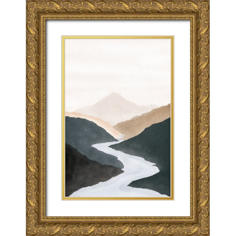 Mountain River Gold Ornate Wood Framed Art Print with Double Matting by JJ Design