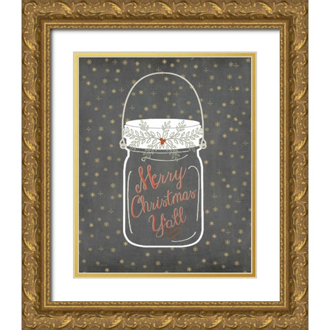Merry Christmas Yall - Snowflake Gold Ornate Wood Framed Art Print with Double Matting by Moulton, Jo