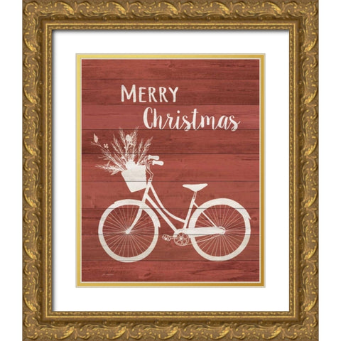 Merry Christmas Bike Gold Ornate Wood Framed Art Print with Double Matting by Moulton, Jo