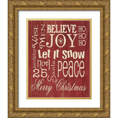 Merry Christmas Typography Gold Ornate Wood Framed Art Print with Double Matting by Moulton, Jo