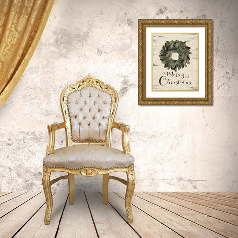 Merry Christmas Wreath Gold Ornate Wood Framed Art Print with Double Matting by Moulton, Jo