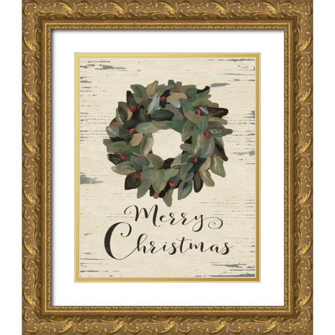 Merry Christmas Wreath Gold Ornate Wood Framed Art Print with Double Matting by Moulton, Jo