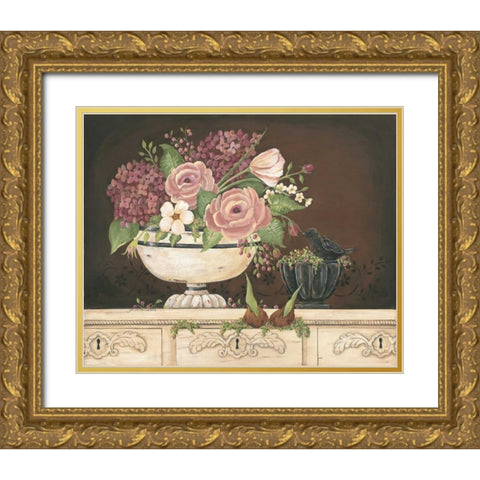 Floral With Black Bird Gold Ornate Wood Framed Art Print with Double Matting by Moulton, Jo