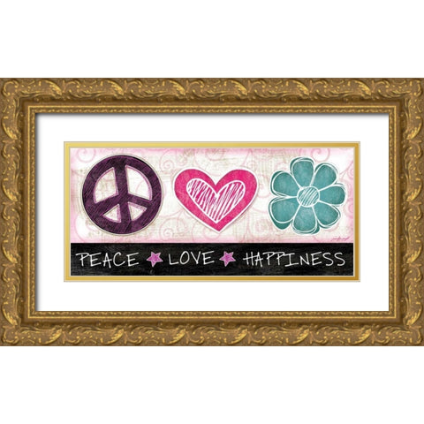 Peace Love Happiness Gold Ornate Wood Framed Art Print with Double Matting by Pugh, Jennifer