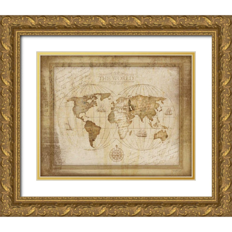 World Map Gold Ornate Wood Framed Art Print with Double Matting by Pugh, Jennifer