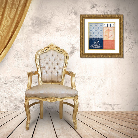 Coral and Navy Coastal Gold Ornate Wood Framed Art Print with Double Matting by Pugh, Jennifer