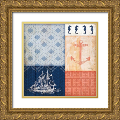 Coral and Navy Coastal Gold Ornate Wood Framed Art Print with Double Matting by Pugh, Jennifer