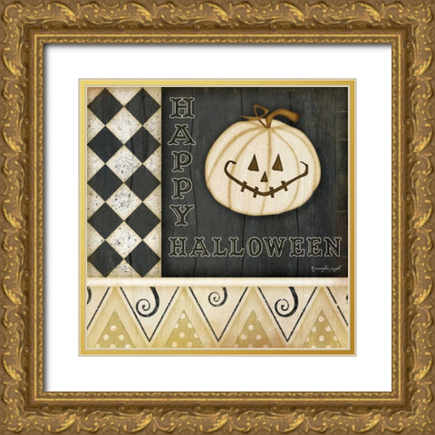 Happy Halloween - Pumpkin Gold Ornate Wood Framed Art Print with Double Matting by Pugh, Jennifer