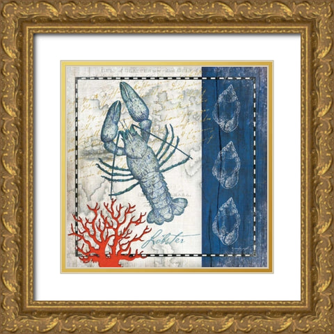 Coastal Blue Lobster Gold Ornate Wood Framed Art Print with Double Matting by Pugh, Jennifer