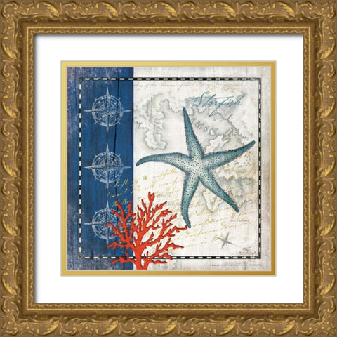 Coastal Blue Starfish Gold Ornate Wood Framed Art Print with Double Matting by Pugh, Jennifer