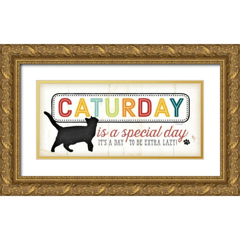 Caturday - Color Gold Ornate Wood Framed Art Print with Double Matting by Pugh, Jennifer