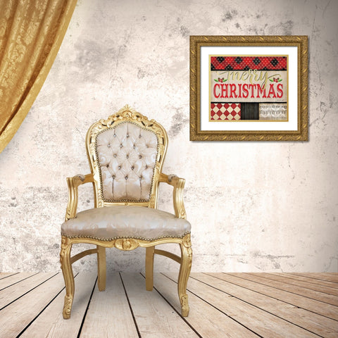 Merry Christmas Plaid Gold Ornate Wood Framed Art Print with Double Matting by Pugh, Jennifer