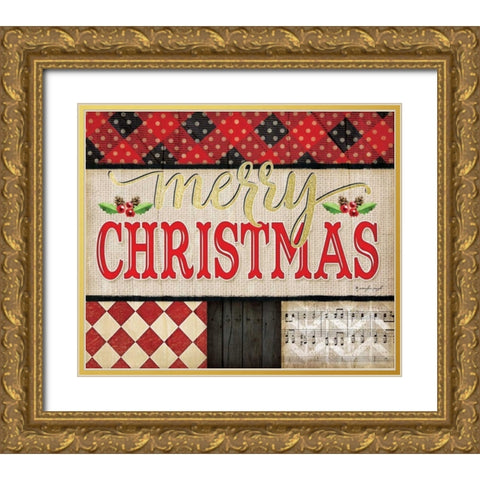 Merry Christmas Plaid Gold Ornate Wood Framed Art Print with Double Matting by Pugh, Jennifer
