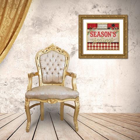 Seasons Greetings Plaid Gold Ornate Wood Framed Art Print with Double Matting by Pugh, Jennifer