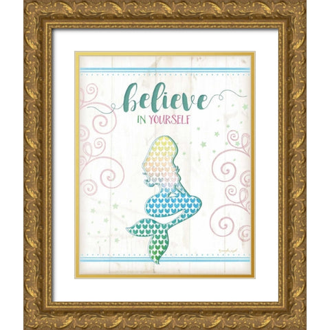 Believe Mermaid Gold Ornate Wood Framed Art Print with Double Matting by Pugh, Jennifer